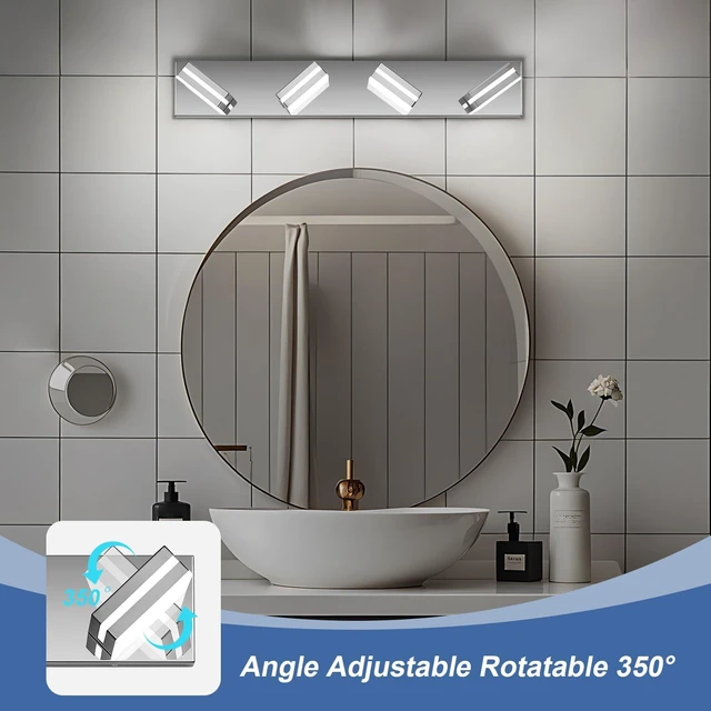 Alt view image 3 of 7 - Modern LED Stainless Steel Chrome Acrylic Bathroom Lights Fixtures 4-Light Wall Lighting,Vanity Lights for Bathroom Over Mirror 6000K 350°RotateNo Assembly Required