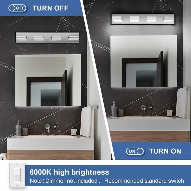 Alt view image 4 of 7 - Modern LED Stainless Steel Chrome Acrylic Bathroom Lights Fixtures 4-Light Wall Lighting,Vanity Lights for Bathroom Over Mirror 6000K 350°RotateNo Assembly Required