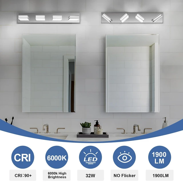 Alt view image 5 of 7 - Modern LED Stainless Steel Chrome Acrylic Bathroom Lights Fixtures 4-Light Wall Lighting,Vanity Lights for Bathroom Over Mirror 6000K 350°RotateNo Assembly Required
