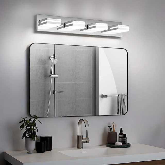 Alt view image 6 of 7 - Modern LED Stainless Steel Chrome Acrylic Bathroom Lights Fixtures 4-Light Wall Lighting,Vanity Lights for Bathroom Over Mirror 6000K 350°RotateNo Assembly Required