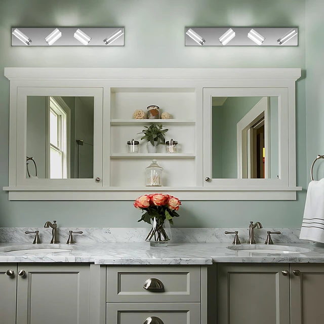 Alt view image 7 of 7 - Modern LED Stainless Steel Chrome Acrylic Bathroom Lights Fixtures 4-Light Wall Lighting,Vanity Lights for Bathroom Over Mirror 6000K 350°RotateNo Assembly Required