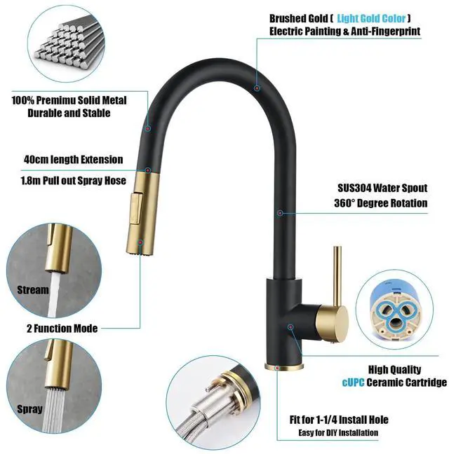 Alt view image 4 of 7 - Black Gold Kitchen Faucet,Stainless Steel Pull down Sprayer, cUPC Cartridge,without deck plate,For 1 Hole Sink
