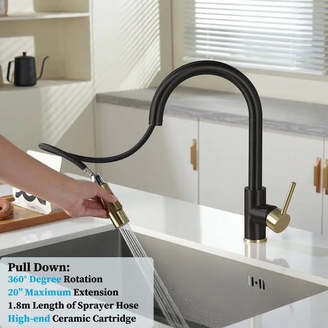 Alt view image 3 of 7 - Black Gold Kitchen Faucet,Stainless Steel Pull down Sprayer, cUPC Cartridge,without deck plate,For 1 Hole Sink