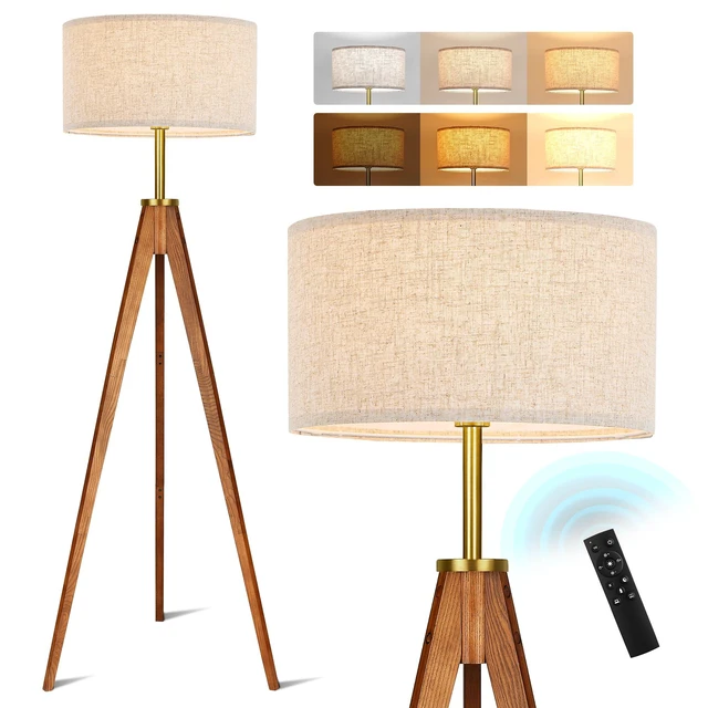 Main image of Floor Lamp for Living Room, Solid Ash Wood Tripod Floor Lamp with Remote Control, Stepless Dimmable Standing Lamp for Bedroom, Office, Tall Lamp with Linen Shade, Mid Century Modern & Farmhouse