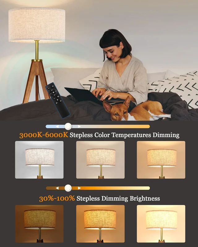 Alt view image 2 of 7 - Floor Lamp for Living Room, Solid Ash Wood Tripod Floor Lamp with Remote Control, Stepless Dimmable Standing Lamp for Bedroom, Office, Tall Lamp with Linen Shade, Mid Century Modern & Farmhouse