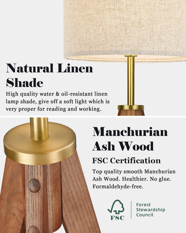 Alt view image 4 of 7 - Floor Lamp for Living Room, Solid Ash Wood Tripod Floor Lamp with Remote Control, Stepless Dimmable Standing Lamp for Bedroom, Office, Tall Lamp with Linen Shade, Mid Century Modern & Farmhouse
