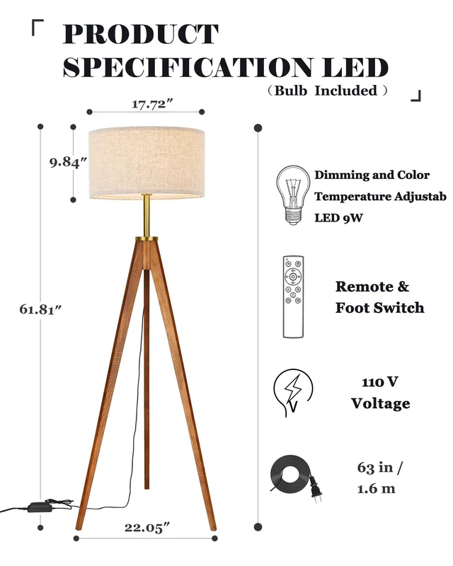 Alt view image 5 of 7 - Floor Lamp for Living Room, Solid Ash Wood Tripod Floor Lamp with Remote Control, Stepless Dimmable Standing Lamp for Bedroom, Office, Tall Lamp with Linen Shade, Mid Century Modern & Farmhouse