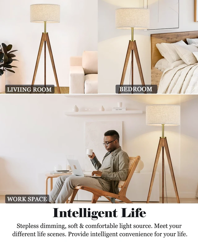 Alt view image 6 of 7 - Floor Lamp for Living Room, Solid Ash Wood Tripod Floor Lamp with Remote Control, Stepless Dimmable Standing Lamp for Bedroom, Office, Tall Lamp with Linen Shade, Mid Century Modern & Farmhouse