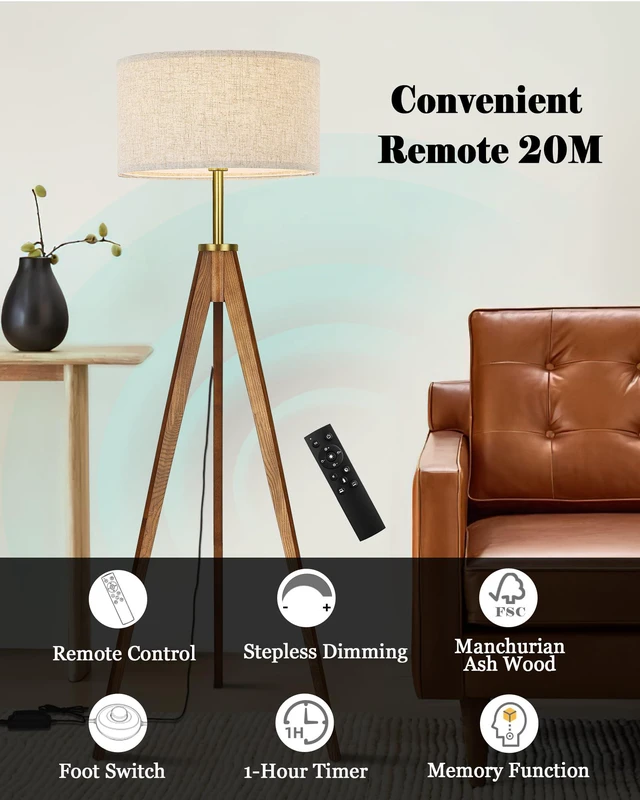 Alt view image 3 of 7 - Floor Lamp for Living Room, Solid Ash Wood Tripod Floor Lamp with Remote Control, Stepless Dimmable Standing Lamp for Bedroom, Office, Tall Lamp with Linen Shade, Mid Century Modern & Farmhouse
