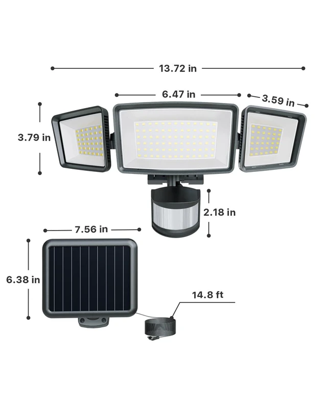 Alt view image 2 of 7 - Solar Flood Lights Outdoor, Split Panel Design, Black, 2-Pack Remote included, 1800LM, 5 modes, 3 adjustable heads, 270° coverage, 180° motion detection up to 75ft, IP65 waterproof
