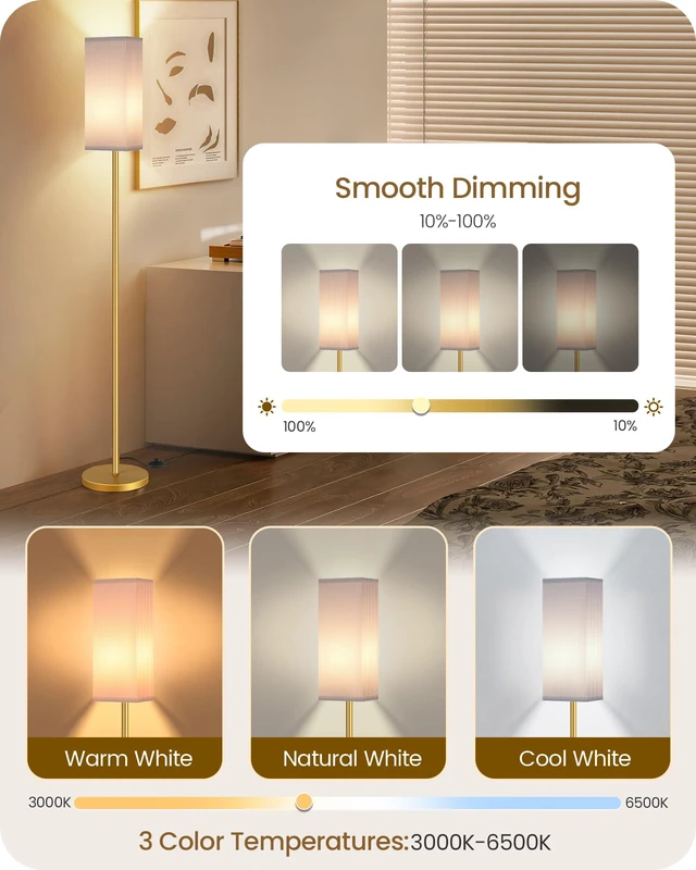 Alt view image 2 of 7 - 2Pack 64.2 Dimmable Floor Lamp for Living Room with Remote & Foot Switch, Corner Floor Lamp for Bedroom, Includes A19 Bulb, Modern Standing Tall Lamp, ETL Listed White and Gold DCW17LDP205