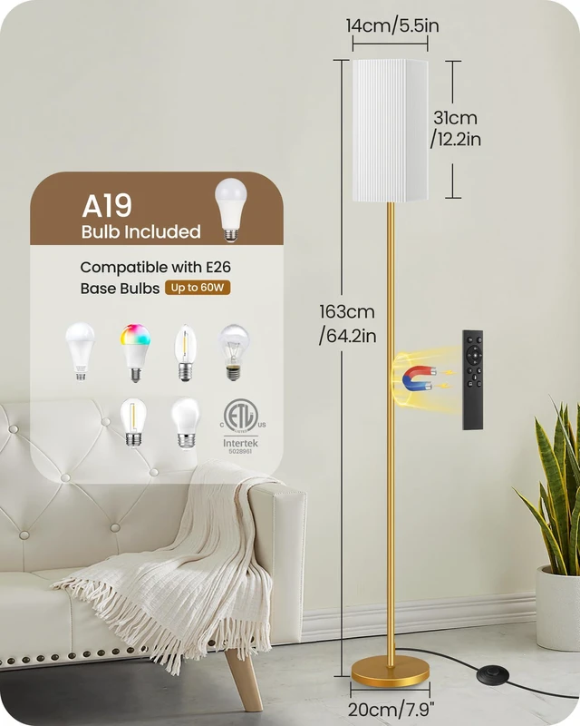 Alt view image 3 of 7 - 2Pack 64.2 Dimmable Floor Lamp for Living Room with Remote & Foot Switch, Corner Floor Lamp for Bedroom, Includes A19 Bulb, Modern Standing Tall Lamp, ETL Listed White and Gold DCW17LDP205