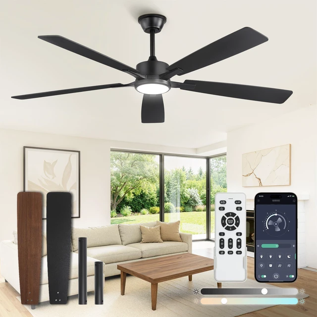 Main image of 60 Inch Ceiling Fans with Lights and Remote, Black Stepless CCT & Dimmable, 20W LED, 6-Speed, Timer, Reversible Quiet DC Motor, Quick Setup, for Bedroom, Living Room, Apartment