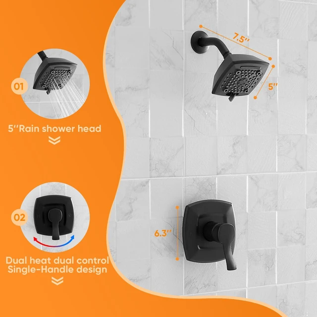 Alt view image 3 of 7 - Black Shower Head And Faucet Set Complete With Valve Shower Fixtures With 6 Inch High Pressure Rain Shower Head Trim kit Regaderas Para bBaño Modernas