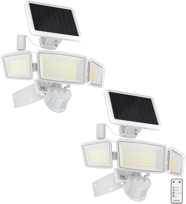 Main image of Solar Flood Lights Outdoor, Split Panel Design, White, 2-Pack Remote included, 1800LM, 5 modes, 3 adjustable heads, 270° coverage, 180° motion detection up to 75ft, IP65 waterproof