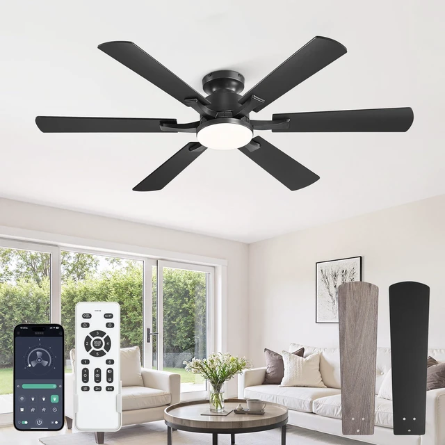 Main image of 52 Inch Flush Mount Ceiling Fan with 3000-6000K Dimmable Lights APP & Remote Control, 6 Blades, 6 Speeds, Quiet Reversible Motor, Low Profile, Easy Install for Bedroom Living Room, Black