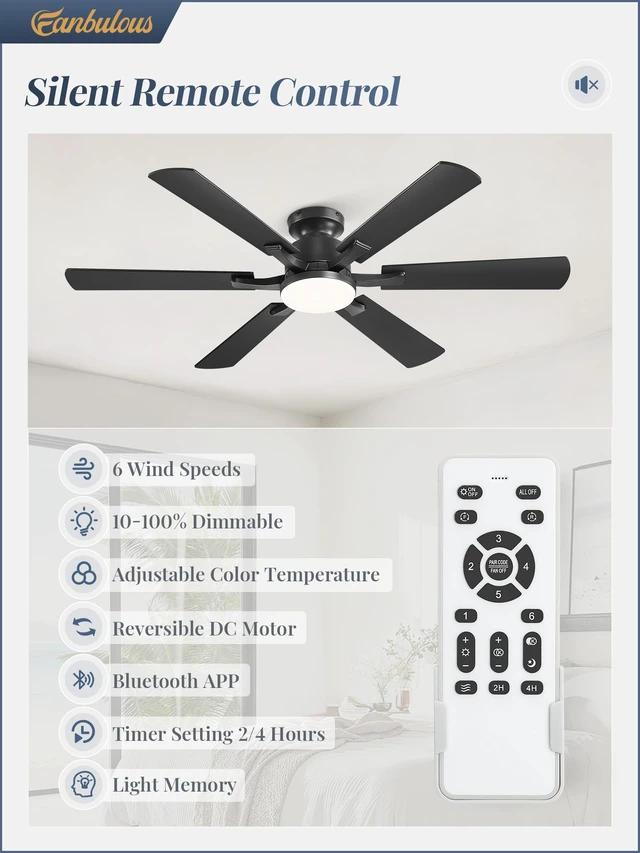 Alt view image 2 of 7 - 52 Inch Flush Mount Ceiling Fan with 3000-6000K Dimmable Lights APP & Remote Control, 6 Blades, 6 Speeds, Quiet Reversible Motor, Low Profile, Easy Install for Bedroom Living Room, Black