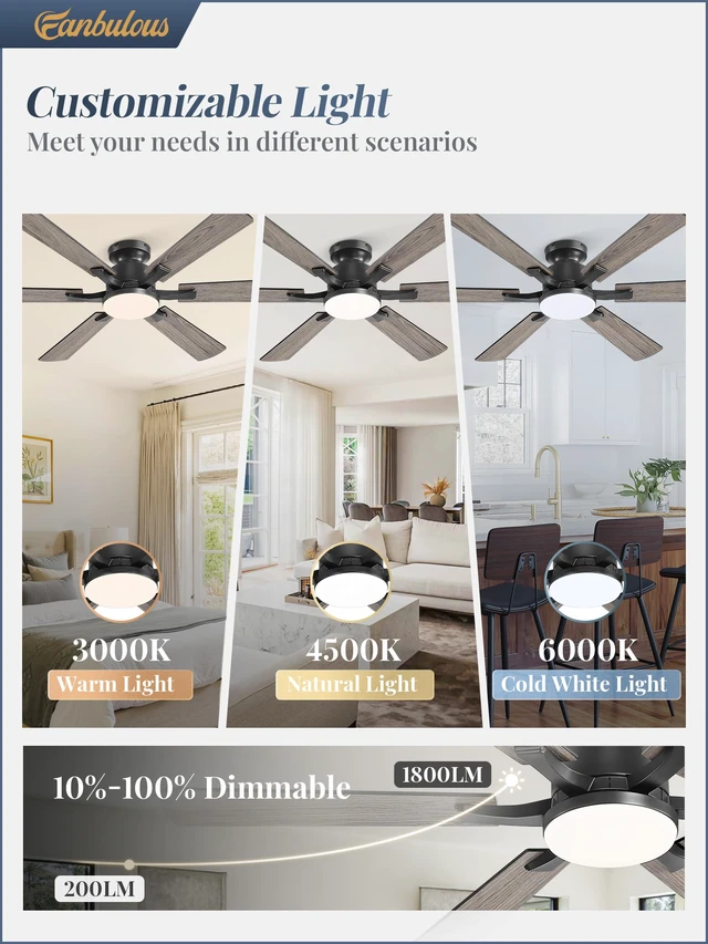 Alt view image 3 of 7 - 52 Inch Flush Mount Ceiling Fan with 3000-6000K Dimmable Lights APP & Remote Control, 6 Blades, 6 Speeds, Quiet Reversible Motor, Low Profile, Easy Install for Bedroom Living Room, Black
