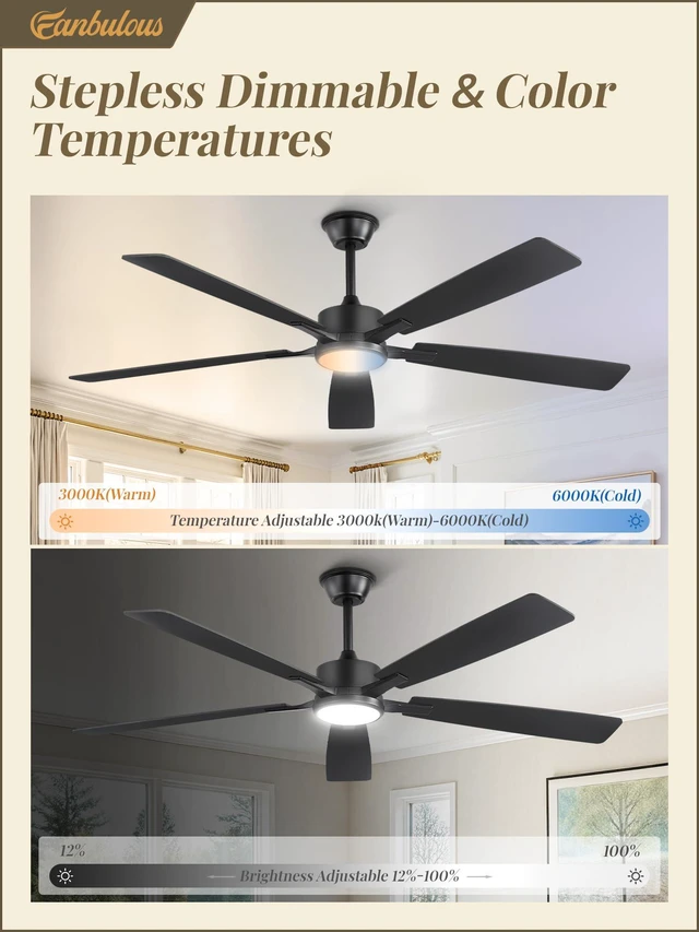 Alt view image 3 of 7 - 60 Inch Ceiling Fans with Lights and Remote, Black Stepless CCT & Dimmable, 20W LED, 6-Speed, Timer, Reversible Quiet DC Motor, Quick Setup, for Bedroom, Living Room, Apartment