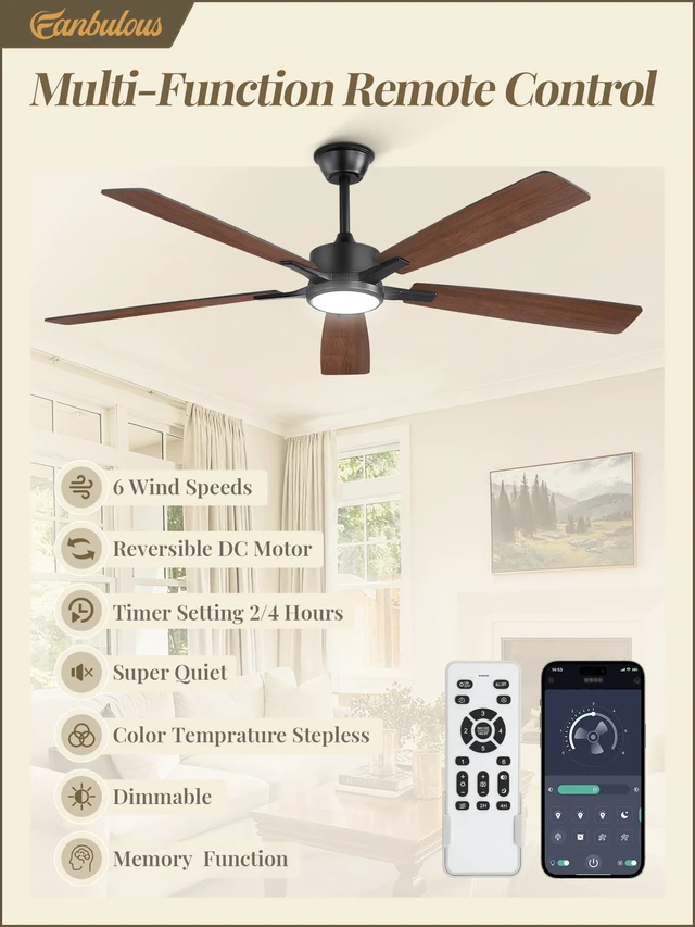 Alt view image 4 of 7 - 60 Inch Ceiling Fans with Lights and Remote, Black Stepless CCT & Dimmable, 20W LED, 6-Speed, Timer, Reversible Quiet DC Motor, Quick Setup, for Bedroom, Living Room, Apartment