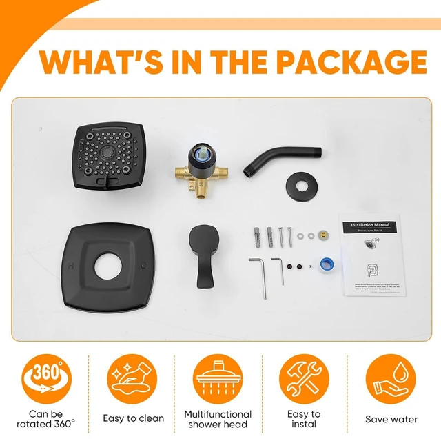 Alt view image 7 of 7 - Black Shower Head And Faucet Set Complete With Valve Shower Fixtures With 6 Inch High Pressure Rain Shower Head Trim kit Regaderas Para bBaño Modernas
