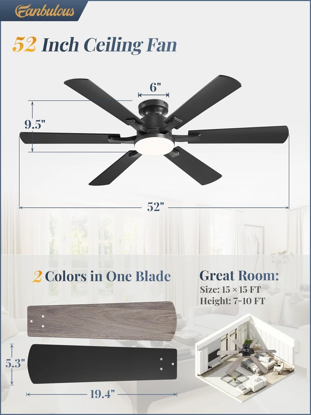 Alt view image 6 of 7 - 52 Inch Flush Mount Ceiling Fan with 3000-6000K Dimmable Lights APP & Remote Control, 6 Blades, 6 Speeds, Quiet Reversible Motor, Low Profile, Easy Install for Bedroom Living Room, Black