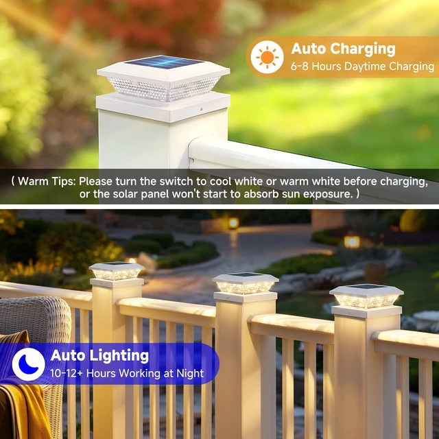 Alt view image 5 of 7 - 4x4 Solar Post Cap Lights Outdoor 4 Pack, Waterproof Solar Fence Light for Wooden/Vinyl Post, 2 Color Outside Deck Patio Porch Decor, White