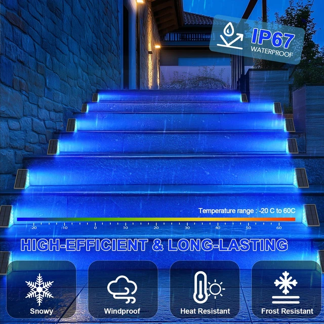 Alt view image 7 of 7 - 12 Pack Solar Stair Lights, Outdoor Step Lights with Waterproof IP67, Blue Color LED Solar Light for Outside Light Decor for Stair, Deck, Front Step, Front Porch, Patio and Backyard