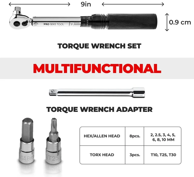 Alt view image 3 of 7 - Bike Torque Wrench Set - 1/4 Inch Drive, 2.2-16.9 Nm 20-150 in-lb, Allen & Torx Bits, Extension Bar, Protective Storage Case