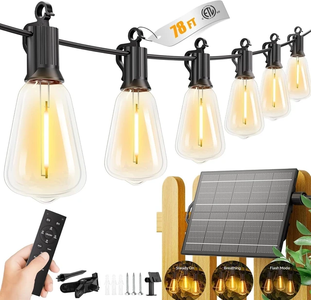 Main image of 78FT Solar String Lights Outdoor, 35+1 Shatterproof LED Bulbs Waterproof, Remote Control, Dimmable, Timer, 3 Light Modes, Up to 26H Runtime for Backyard, Patio and Party Decor