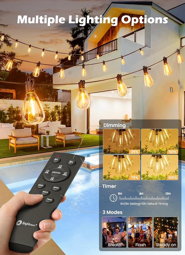 Alt view image 2 of 7 - 78FT Solar String Lights Outdoor, 35+1 Shatterproof LED Bulbs Waterproof, Remote Control, Dimmable, Timer, 3 Light Modes, Up to 26H Runtime for Backyard, Patio and Party Decor