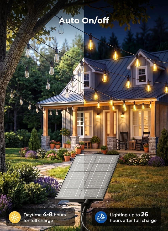 Alt view image 4 of 7 - 78FT Solar String Lights Outdoor, 35+1 Shatterproof LED Bulbs Waterproof, Remote Control, Dimmable, Timer, 3 Light Modes, Up to 26H Runtime for Backyard, Patio and Party Decor