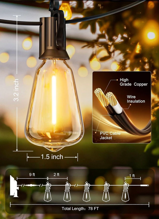 Alt view image 5 of 7 - 78FT Solar String Lights Outdoor, 35+1 Shatterproof LED Bulbs Waterproof, Remote Control, Dimmable, Timer, 3 Light Modes, Up to 26H Runtime for Backyard, Patio and Party Decor