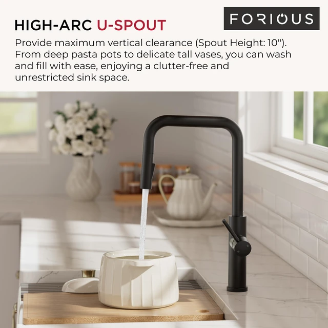 Alt view image 5 of 7 - Kitchen Faucet with Pull Down Sprayer, Black High U-Spout Lead-Free, Single Handle, Stainless Steel Sink Faucet, 1 or 3 Hole Deck Mount for RV Bar Farmhouse Laundry Outdoor