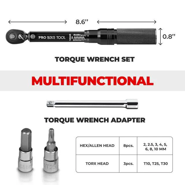 Alt view image 3 of 7 - Bike Torque Wrench Set - 1/4 Inch Drive, 2.2-16.9 Nm 20-150 in-lb, Allen & Torx Bits, Extension Bar, Protective Storage Case