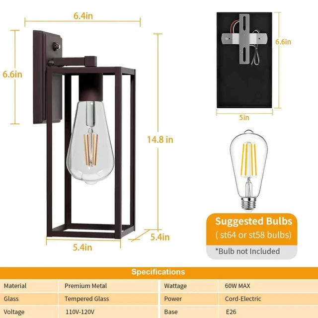 Alt view image 6 of 7 - 2 Pack 15'' Oil Rubbed Bronze Dusk to Dawn Outdoor Front Porch Lights for Outside, Large Exterior Lighting Fixtures Wall Mount for House, Wall Sconce Lamp, Waterproof Lantern Coach Lights for Garage