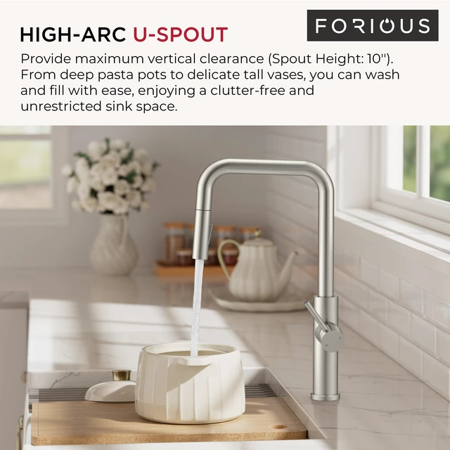 Alt view image 5 of 7 - Kitchen Faucet with Pull Down Sprayer, Stainless Steel High U-Spout Lead-Free, Single Handle, Brushed Nickel Sink Faucet, 1 or 3 Hole Deck Mount for RV Bar Farmhouse Laundry Outdoor