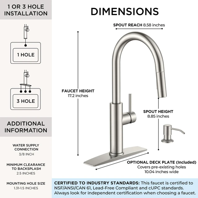 Alt view image 2 of 7 - Kitchen Faucet with Soap Dispenser, High Arc Stainless Steel Lead-Free, Single Handle, Brushed Nickel Pull Down Sink Faucets,1 or 3 Hole Deck Mount for RV Bar Laundry Outdoor