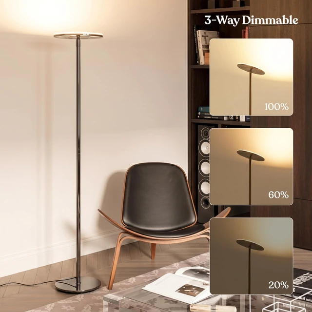 Alt view image 3 of 7 - Sky LED Floor lamp, Torchiere Super Bright Floor Lamp for Living Rooms & Offices - Dimmable, Tall Standing Lamp for Bedroom Reading - Black Chrome
