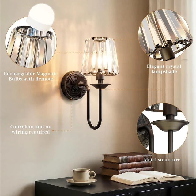 Alt view image 2 of 7 - Black Battery Operated Wall Sconces Set of Two, Crystal Wireless Rechargeable Wall Lights with Remote, Dimmable 3 CCT and 12 RGB Cordless Wall Lamps for Bedroom Living Room Hallway Decor