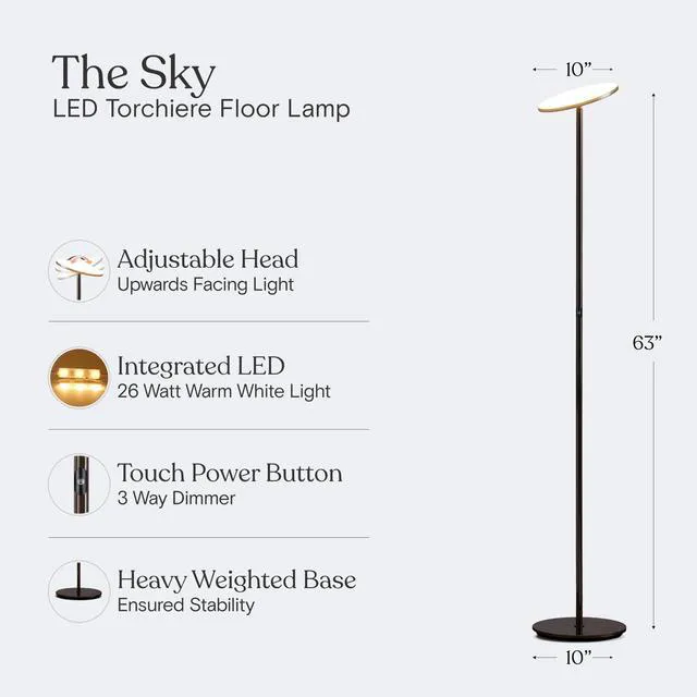 Alt view image 4 of 7 - Sky LED Floor lamp, Torchiere Super Bright Floor Lamp for Living Rooms & Offices - Dimmable, Tall Standing Lamp for Bedroom Reading - Black Chrome