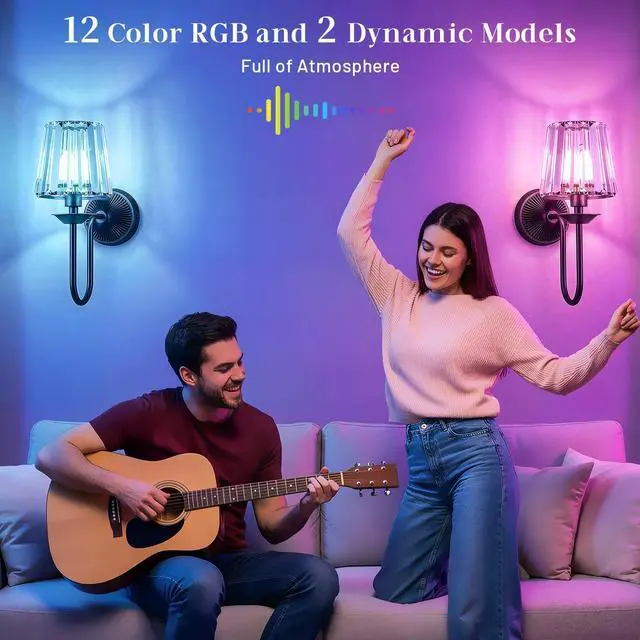 Alt view image 3 of 7 - Black Battery Operated Wall Sconces Set of Two, Crystal Wireless Rechargeable Wall Lights with Remote, Dimmable 3 CCT and 12 RGB Cordless Wall Lamps for Bedroom Living Room Hallway Decor