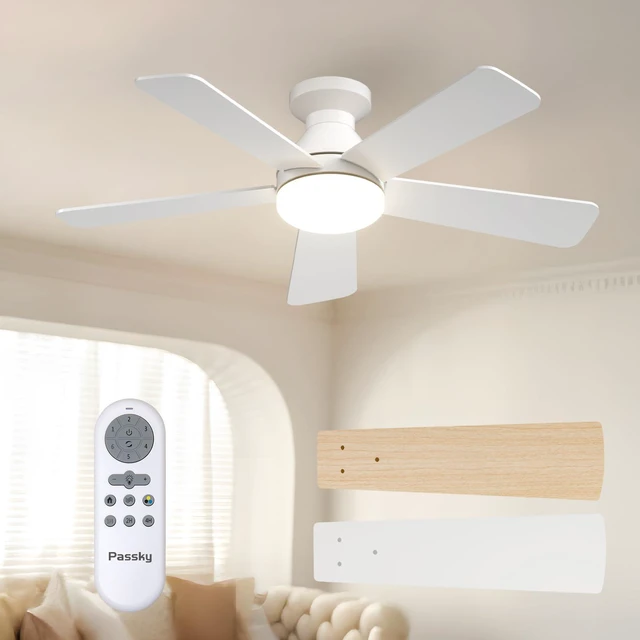 Main image of 42 Inch White Low Profile Ceiling Fans with Lights and Remote Flush mount, 3-color dimmable light, quiet reversible DC motor, easy install, memory, timer, bedroom, covered outdoor areas