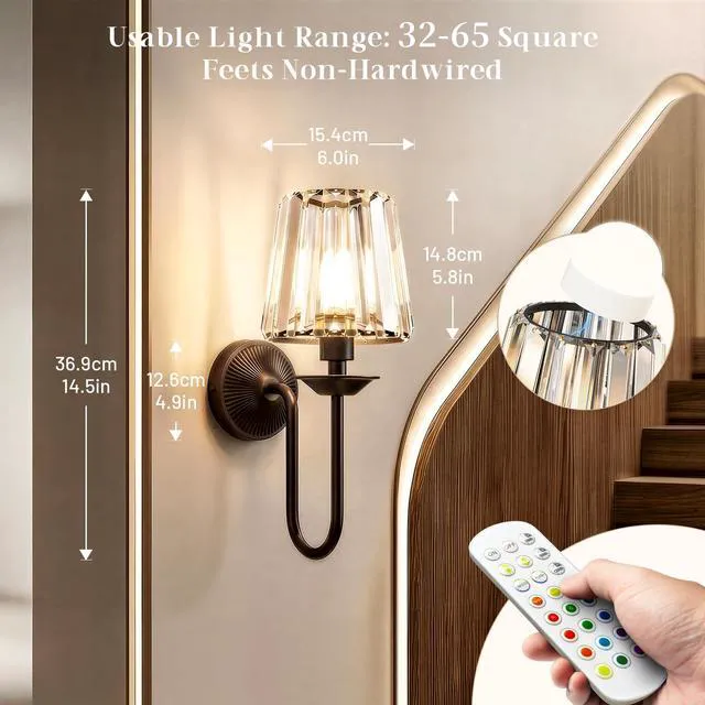 Alt view image 6 of 7 - Black Battery Operated Wall Sconces Set of Two, Crystal Wireless Rechargeable Wall Lights with Remote, Dimmable 3 CCT and 12 RGB Cordless Wall Lamps for Bedroom Living Room Hallway Decor