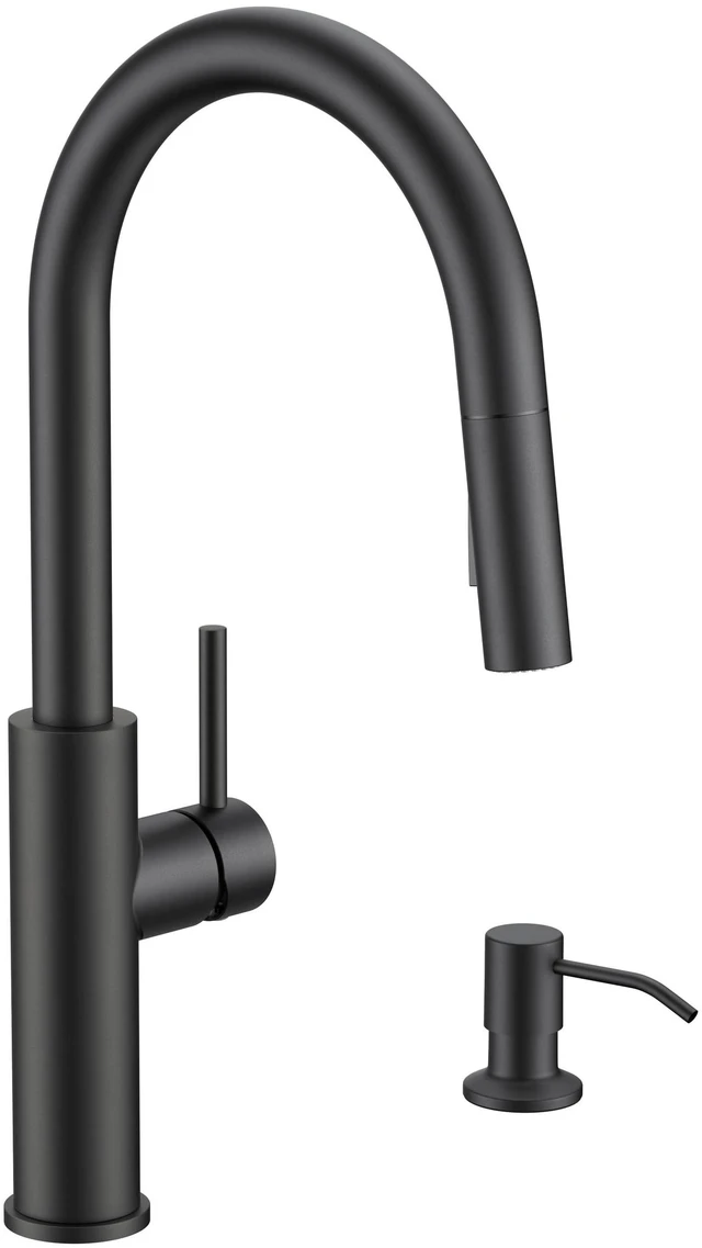 Main image of Kitchen Faucet with Soap Dispenser, High Arc Black Lead-Free, Single Handle, Stainless Steel Pull Down Sink Faucets,1 or 3 Hole Deck Mount for RV Bar Laundry Outdoor