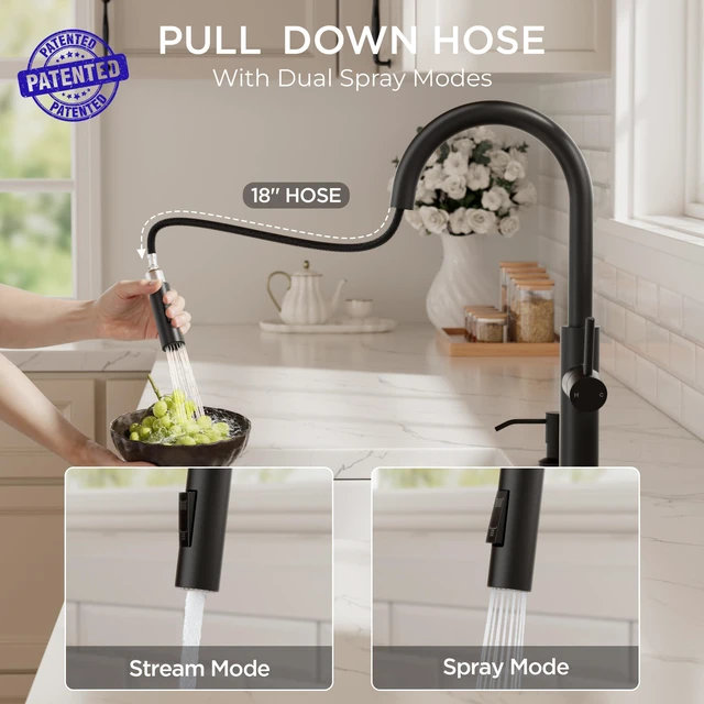 Alt view image 3 of 7 - Kitchen Faucet with Pull Down Sprayer, Classic High Arc Black Lead-Free, Single Handle, Stainless Steel Sink Faucet, 1 or 3 Hole Deck Mount for RV Bar Farmhouse Laundry Outdoor