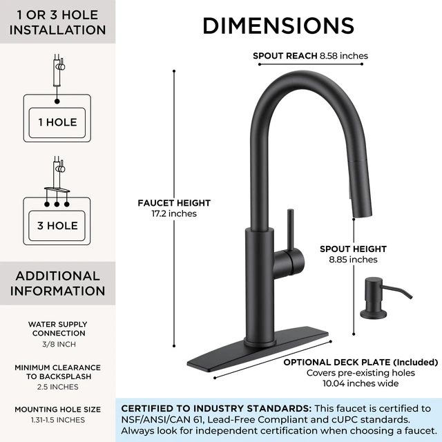 Alt view image 2 of 7 - Kitchen Faucet with Soap Dispenser, High Arc Black Lead-Free, Single Handle, Stainless Steel Pull Down Sink Faucets,1 or 3 Hole Deck Mount for RV Bar Laundry Outdoor