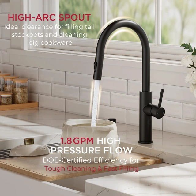 Alt view image 5 of 7 - Kitchen Faucet with Pull Down Sprayer, Classic High Arc Black Lead-Free, Single Handle, Stainless Steel Sink Faucet, 1 or 3 Hole Deck Mount for RV Bar Farmhouse Laundry Outdoor
