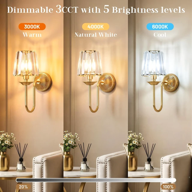 Alt view image 3 of 7 - Gold Battery Operated Wall Sconces Set of Two, Crystal Wireless Rechargeable Wall Lights with Remote, Dimmable 3 CCT and 12 RGB Cordless Wall Lamps for Bedroom Living Room Hallway Decor