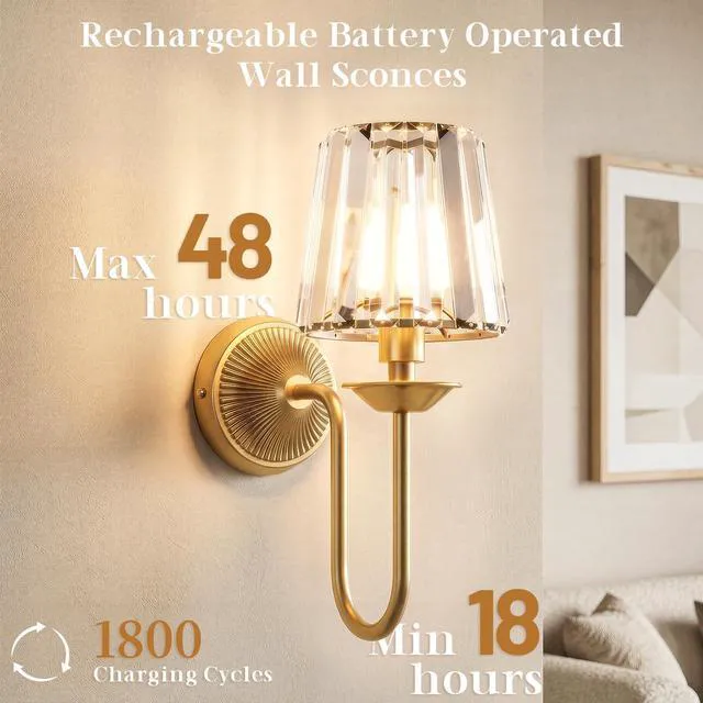 Alt view image 5 of 7 - Gold Battery Operated Wall Sconces Set of Two, Crystal Wireless Rechargeable Wall Lights with Remote, Dimmable 3 CCT and 12 RGB Cordless Wall Lamps for Bedroom Living Room Hallway Decor